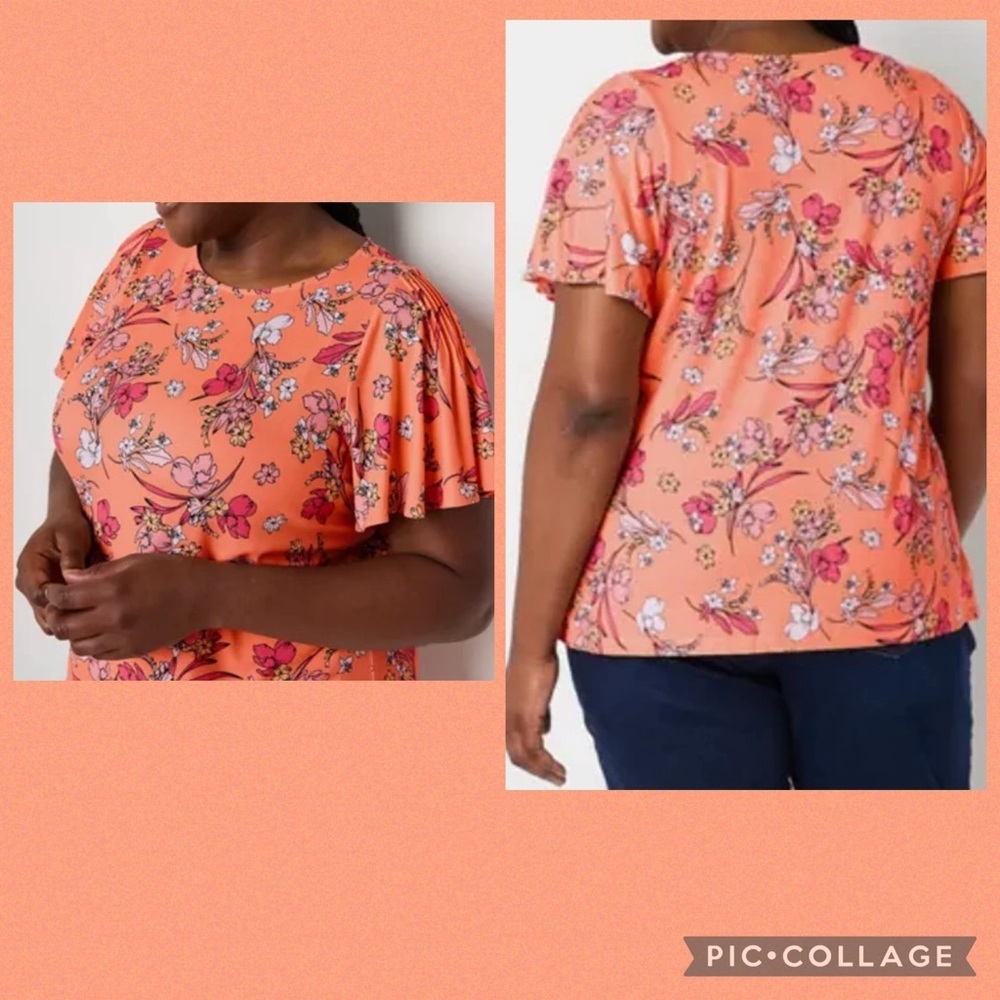 Liz Claiborne Womens Plus Round Neck Short Flutter  Sleeve Blouse